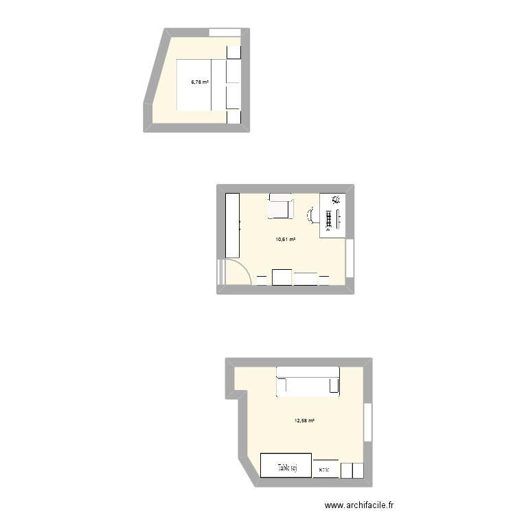 chambre. Plan de 3 pièces et 30 m2