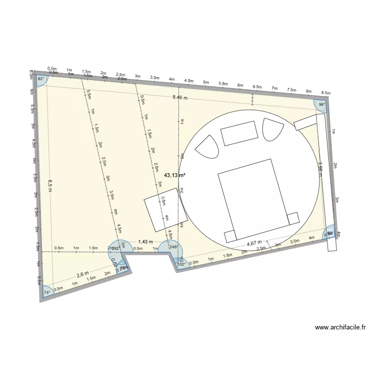 jardin. Plan de 1 Pièce et 43 m²