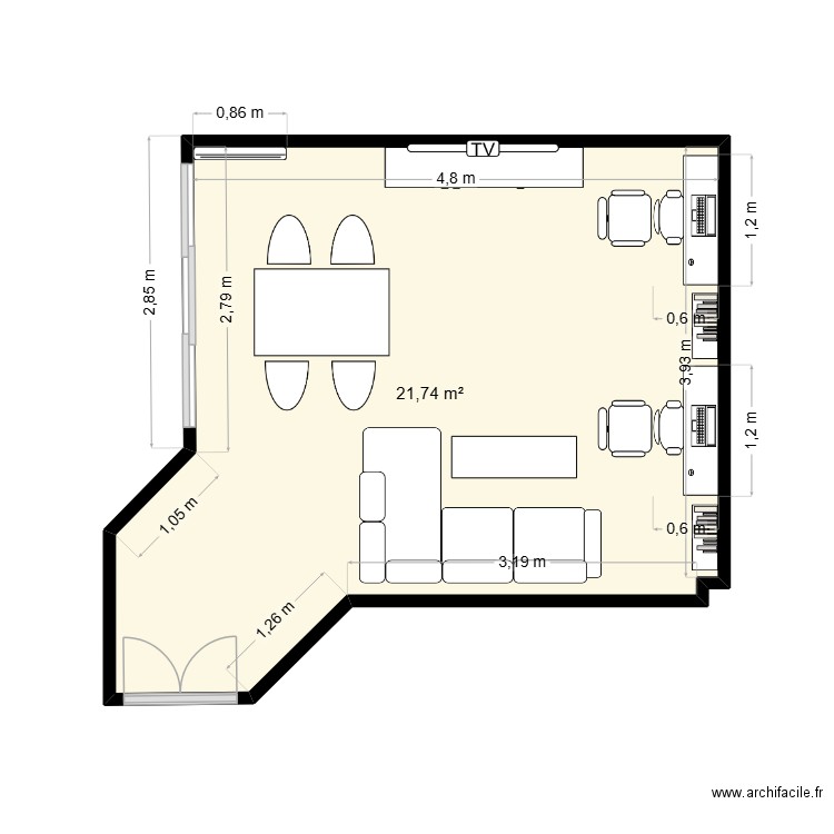 salon. Plan de 1 pièce et 22 m2