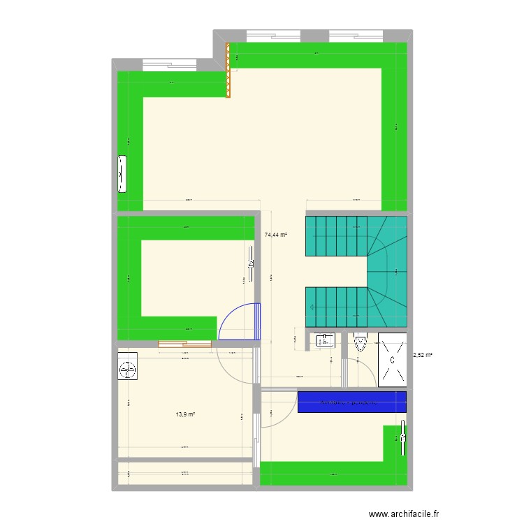 Plan 1ére étage. Plan de 3 pièces et 91 m2