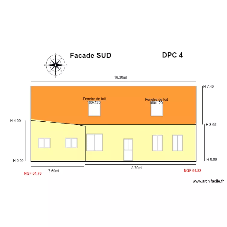 Facade Sud     Sigy. Plan de 3  et 121 m²