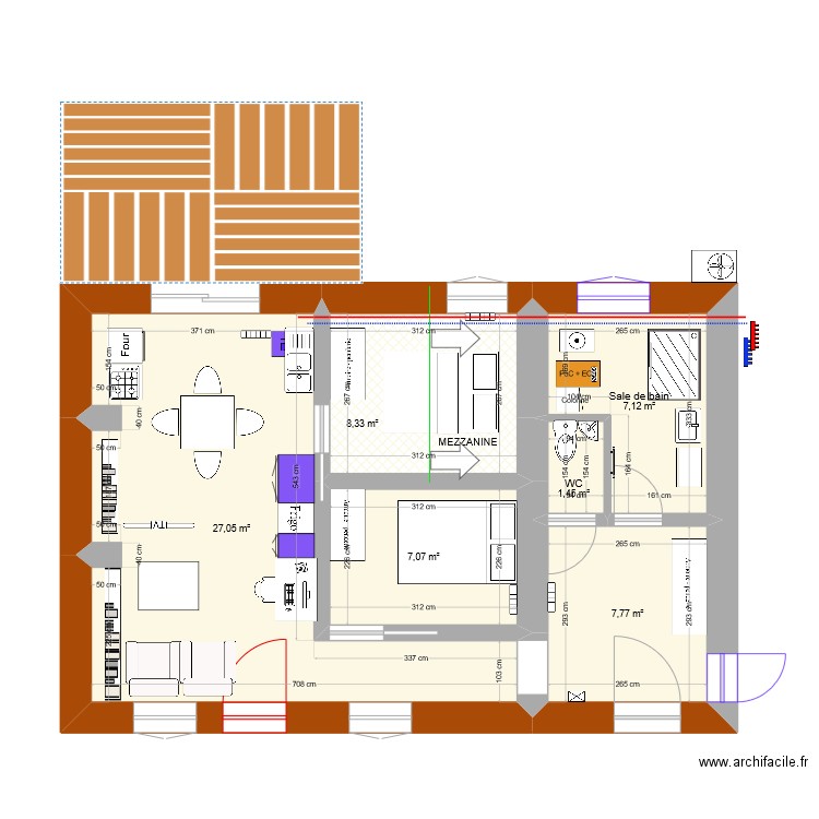 Maman Saint-sulpice 2 chambres. Plan de 6 pièces et 59 m2