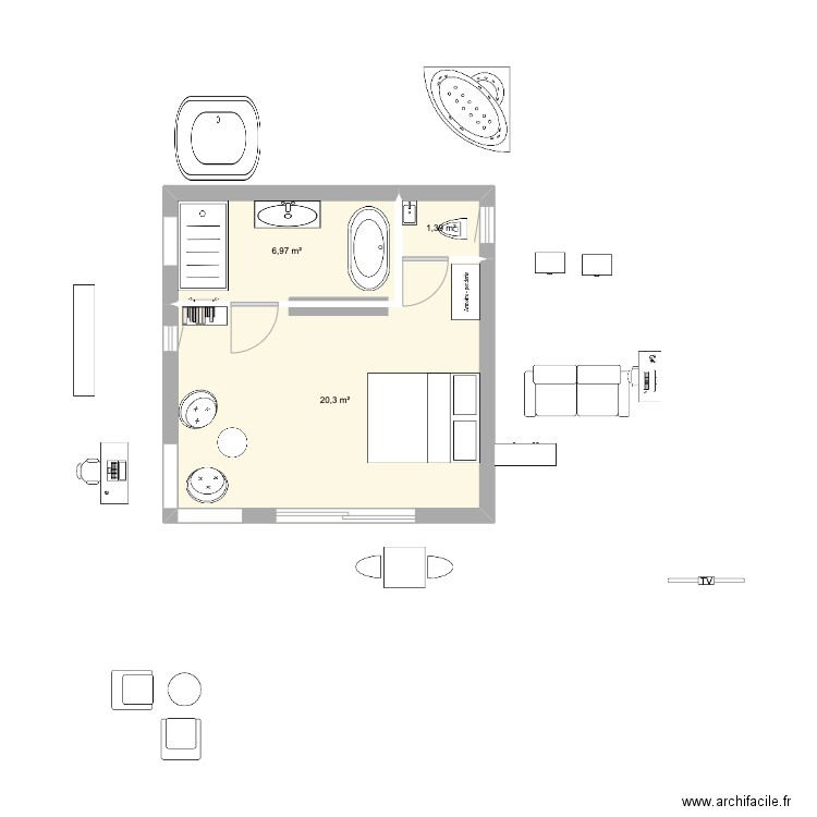 Petite ours baignoire. Plan de 3 pièces et 29 m2