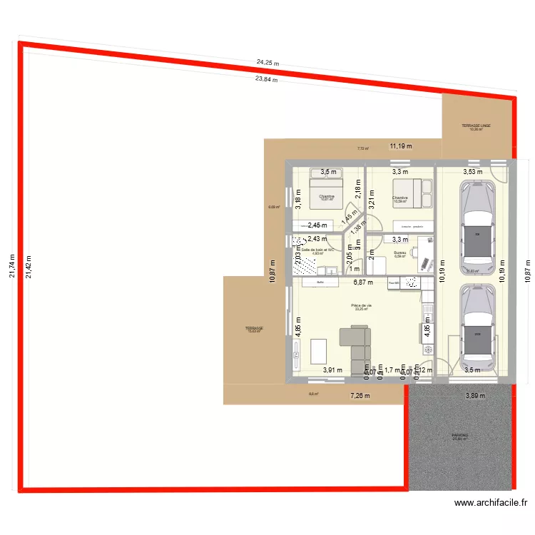 Plan hors parcelle et terrasse 2. Plan de 7  et 104 m²