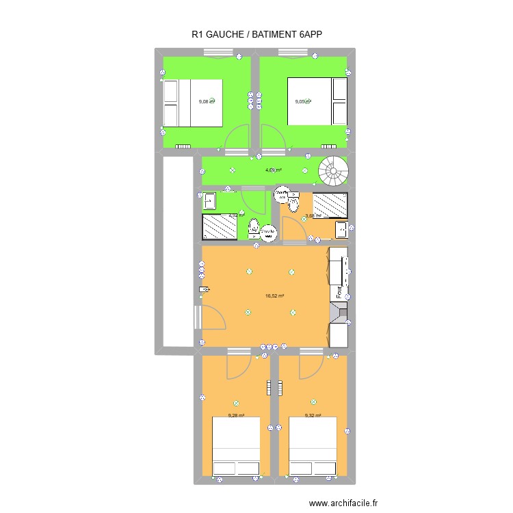 R1 / BAT4. Plan de 8 pièces et 66 m2