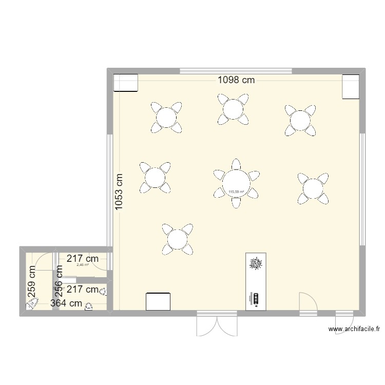 salle . Plan de 3 pièces et 124 m2