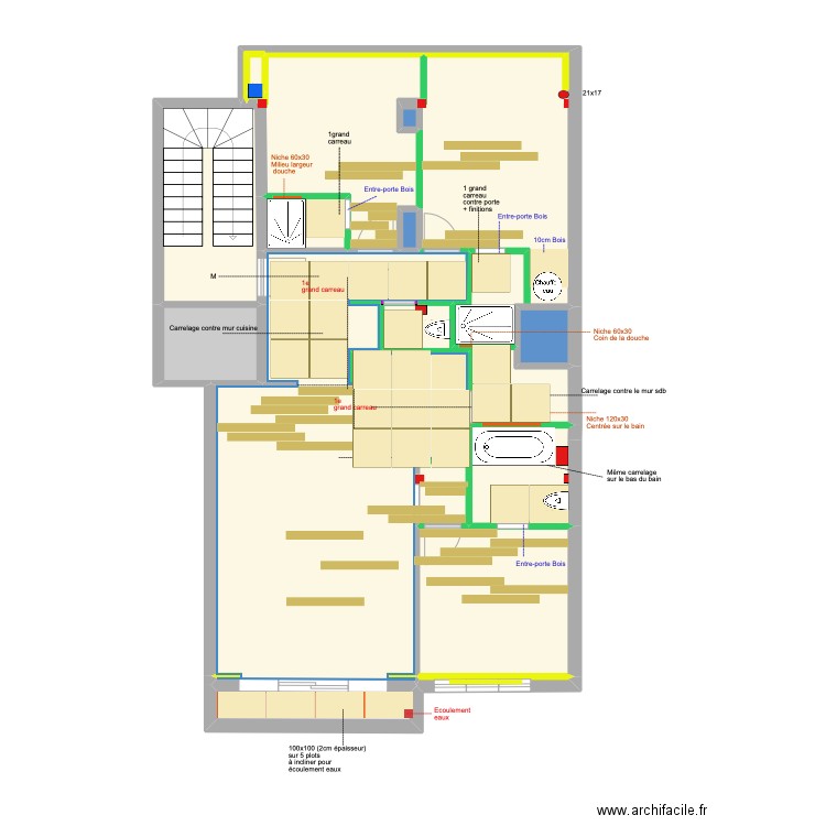 Meerlaan Calpinage Carrelage et bois 80x80. Plan de 15 pièces et 92 m2