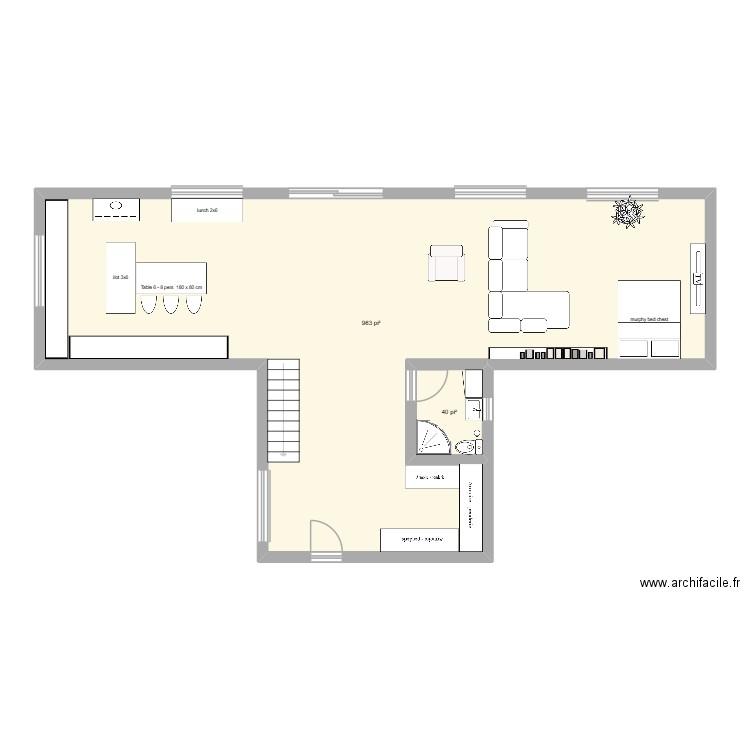 rdc. Plan de 2 pièces et 93 m2