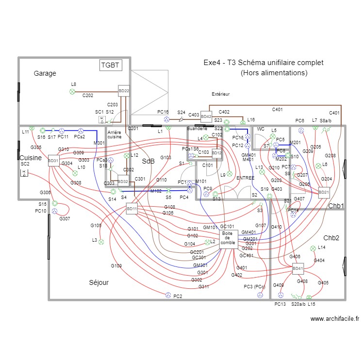 B1M2Op02-02Exe4T3SchUni. Plan de 9 pièces et 171 m2