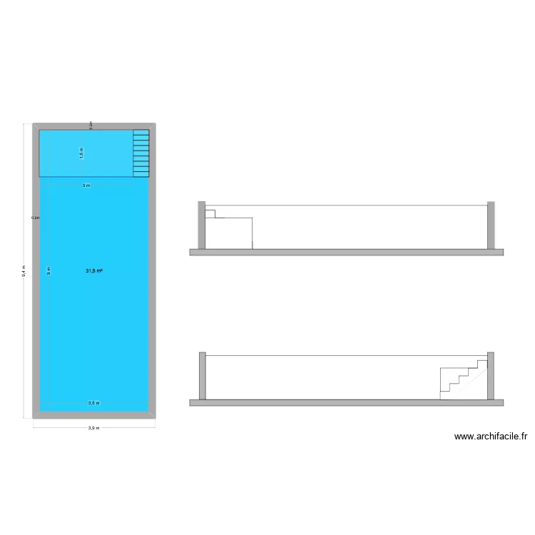 Piscine. Plan de 1  et 32 m²