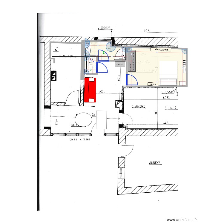 salle de bain dans salle de jeu4. Plan de 3 pièces et 18 m2