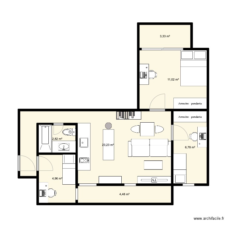 P.A.. Plan de 7 pièces et 57 m2