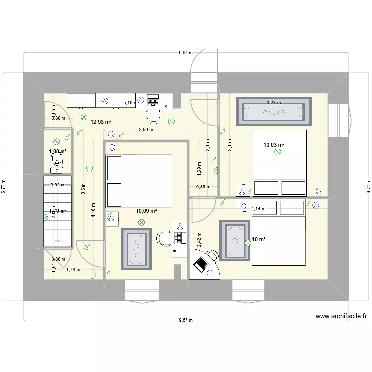 Maison actuelle 1 &eacute;tage_Hypoth&egrave;se 2 &eacute;clairage. Plan de 6  et 46 m²
