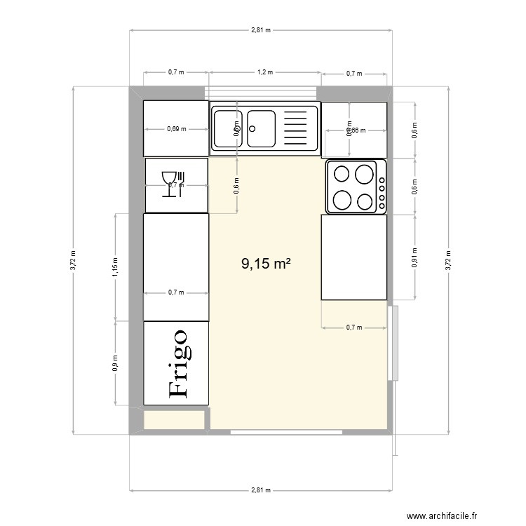 cuisine JJ. Plan de 1 pièce et 9 m2