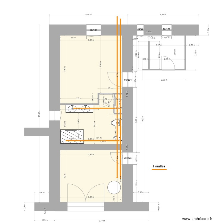 Ch 1 et S d'eau R de Ch  Emplacements ouvertures:. Plan de 2 pièces et 37 m2