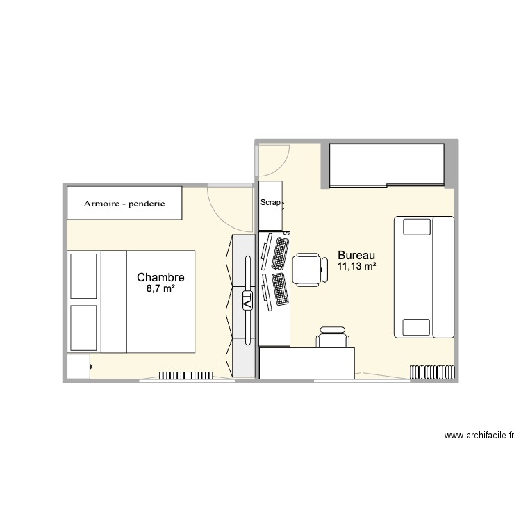 chambre/bureau 2. Plan de 2 pièces et 20 m2