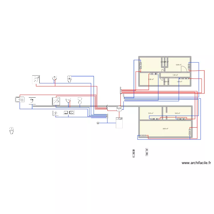 Réseau plomberie. Plan de 11 pièces et 30 m² Réseau plomberie. Plan de 11 pièces et 30 m²