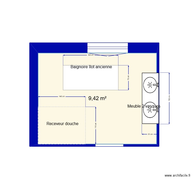Salle de Bain Suite Parentale. Plan de 1 pièce et 9 m2