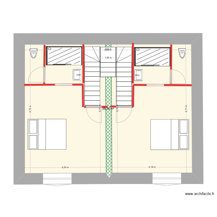 Plan étage avec un escalier central. Plan de 1 pièce et 56 m2