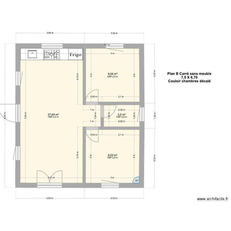 Plan B Carré sans meuble. Plan de 4 pièces et 48 m2