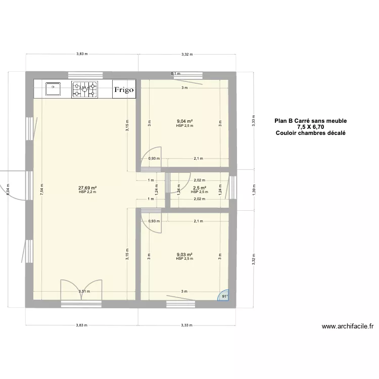 Plan B Carré sans meuble. Plan de 4 pièces et 48 m² Plan B Carré sans meuble. Plan de 4 pièces et 48 m²
