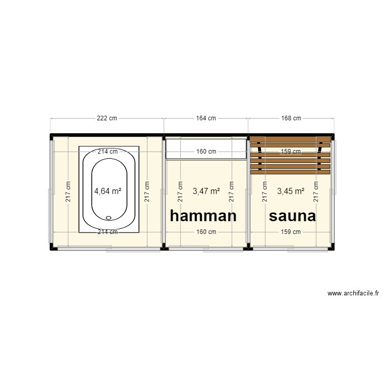 sauna-hammam-bathtub. Plan de 3 pièces et 12 m2