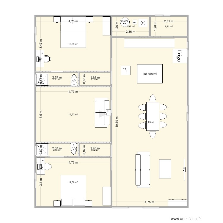 Plan la case. Plan de 10 pièces et 112 m2