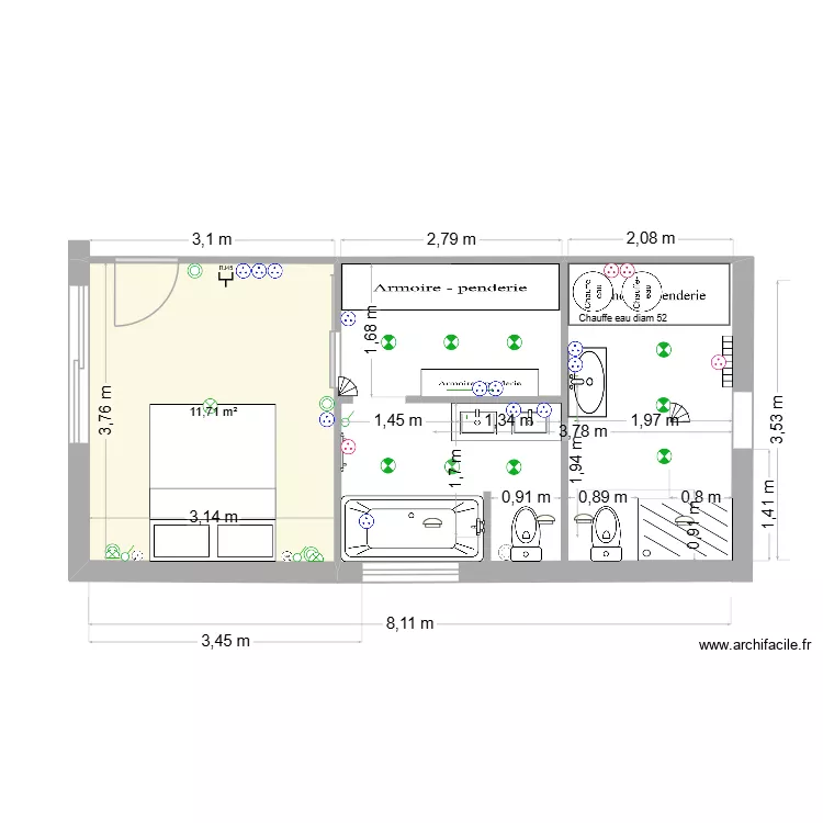 chambre. Plan de 1  et 12 m²