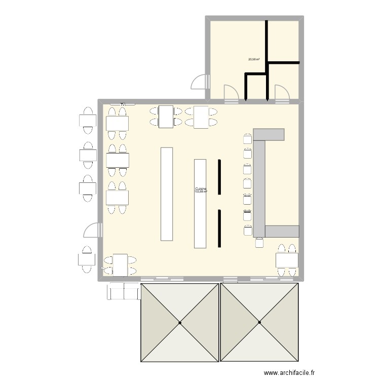 bar. Plan de 2 pièces et 124 m2