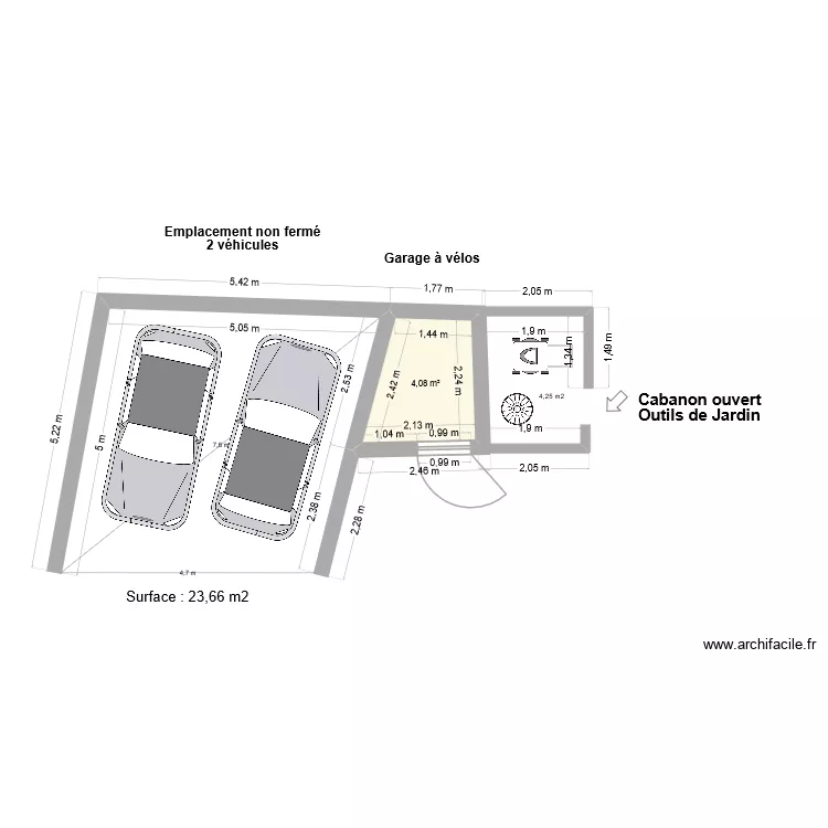 Appentis. Plan de 1  et 4 m²