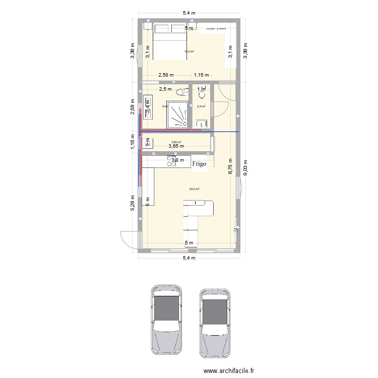 PROJET COUPLE. Plan de 5 pièces et 57 m2