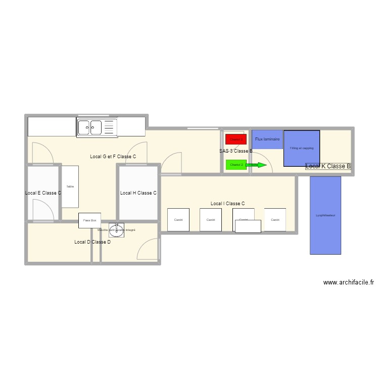 Salle Blanche Reprobiol Ouffet flux entrée matériel. Plan de 7 pièces et 49 m2