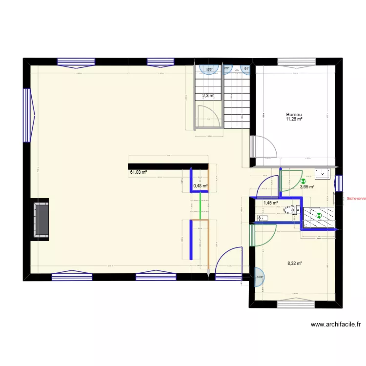 RDC - Plan des cloisons. Plan de 7  et 88 m²