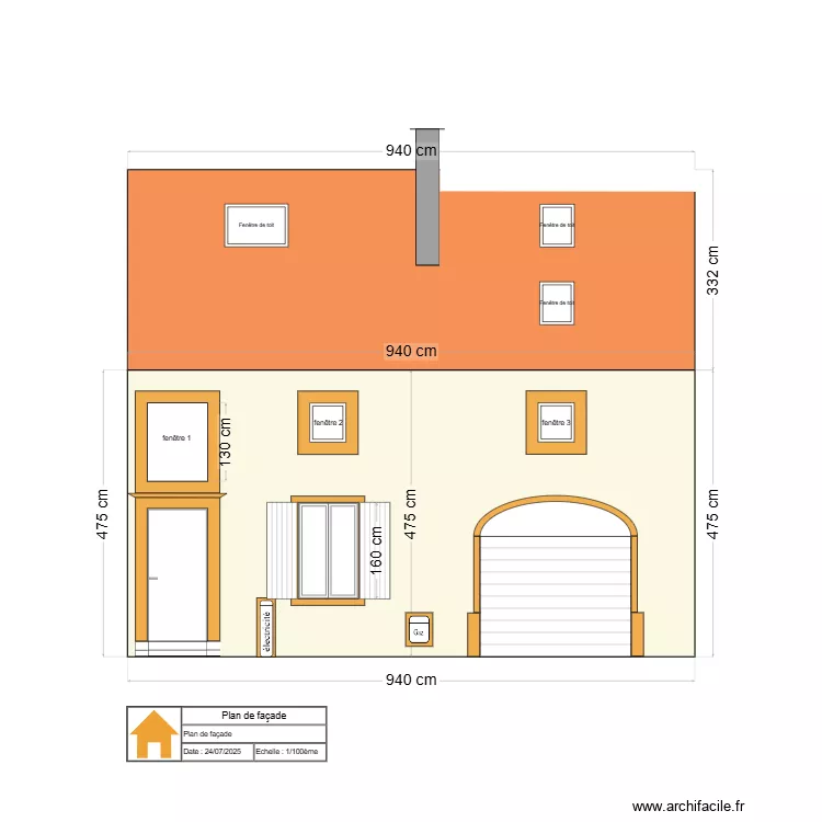 Plan de fa&ccedil;ade: projet avec fen&ecirc;tre. Plan de 
