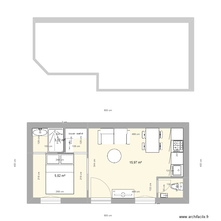 combattant 2. Plan de 3 pièces et 25 m2