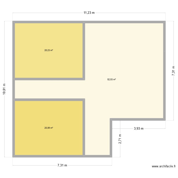 Etage 1 - terrasse. Plan de 3 pièces et 93 m2