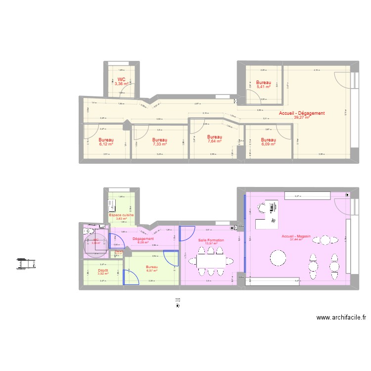 local. Plan de 19 pièces et 151 m2