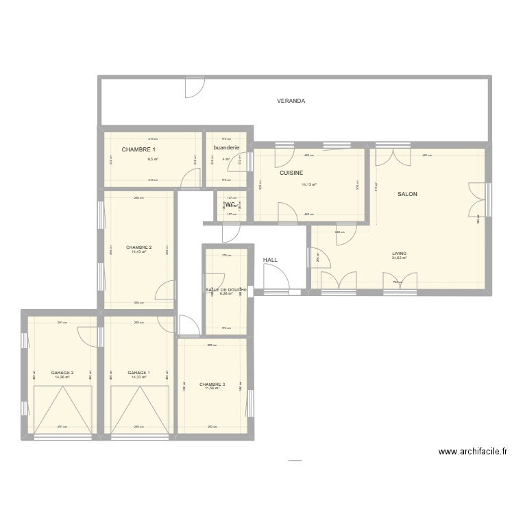 murs portes fenetres. Plan de 10 pièces et 125 m2