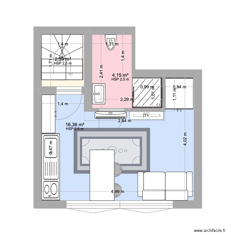 PAIX 47 - cuisine ouverte. Plan de 3 pièces et 23 m2