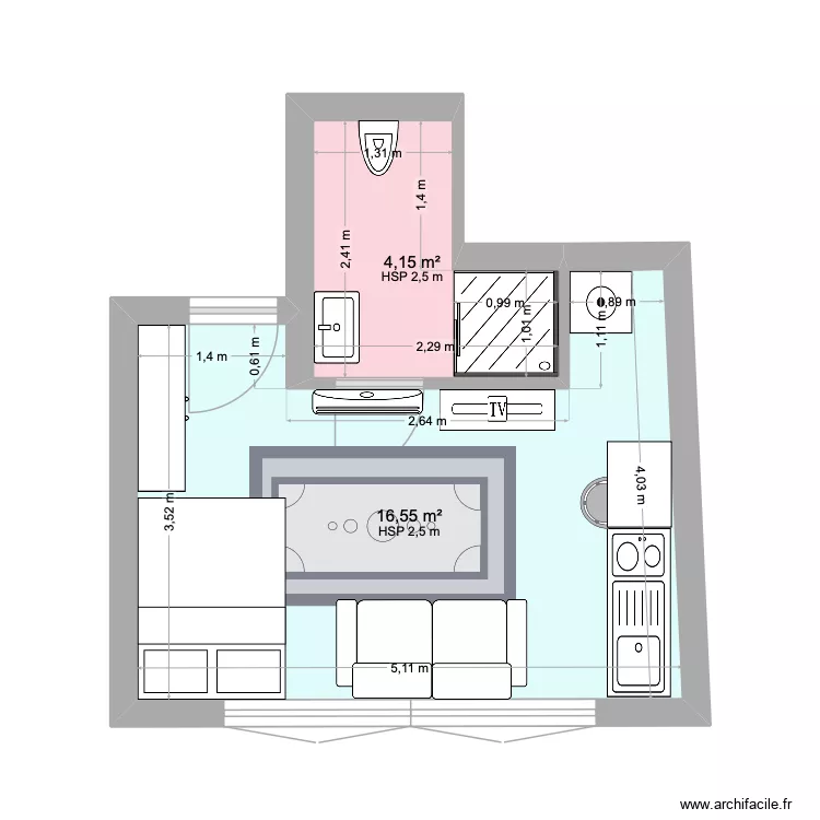 PAIX 47 - cuisine ouverte. Plan de 2  et 21 m²
