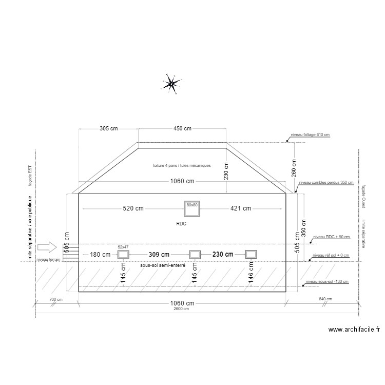 PC maison Douvres / plan de l'existant / façade nord. Plan de 2 pièces et 46 m2