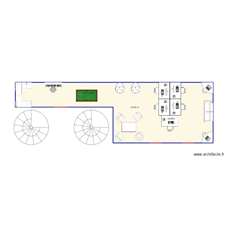 terrasse. Plan de 1 pièce et 44 m2