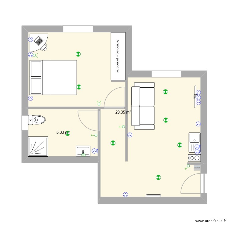 CHANTIER BERNAR LOG 3. Plan de 2 pièces et 35 m2