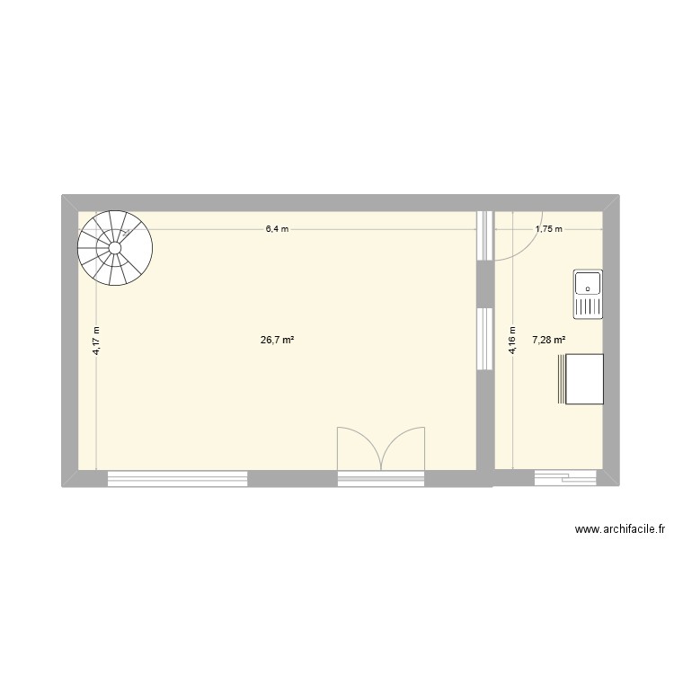 Régaltoi-vierge. Plan de 2 pièces et 34 m2