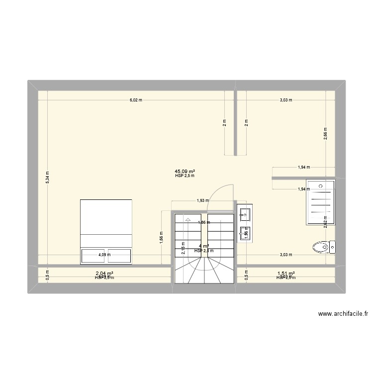 Niveau R+2 - Modifié deuxième idée. Plan de 4 pièces et 53 m2