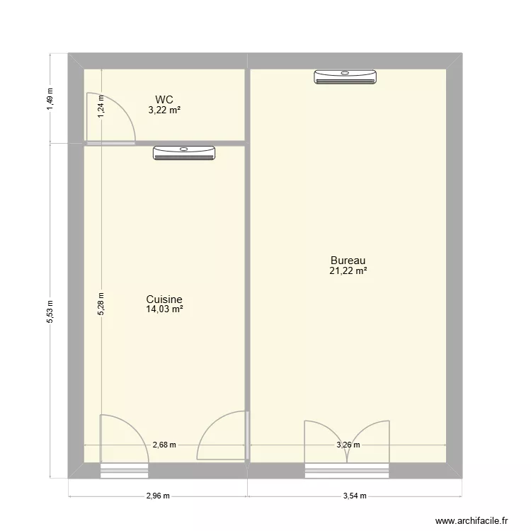 bureau  fond de cours Montaigut. Plan de 3 Pièces et 38 m²