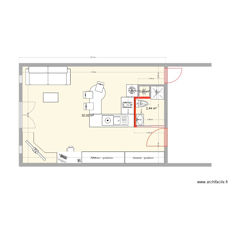 MDJ Projet. Plan de 3 pièces et 35 m2