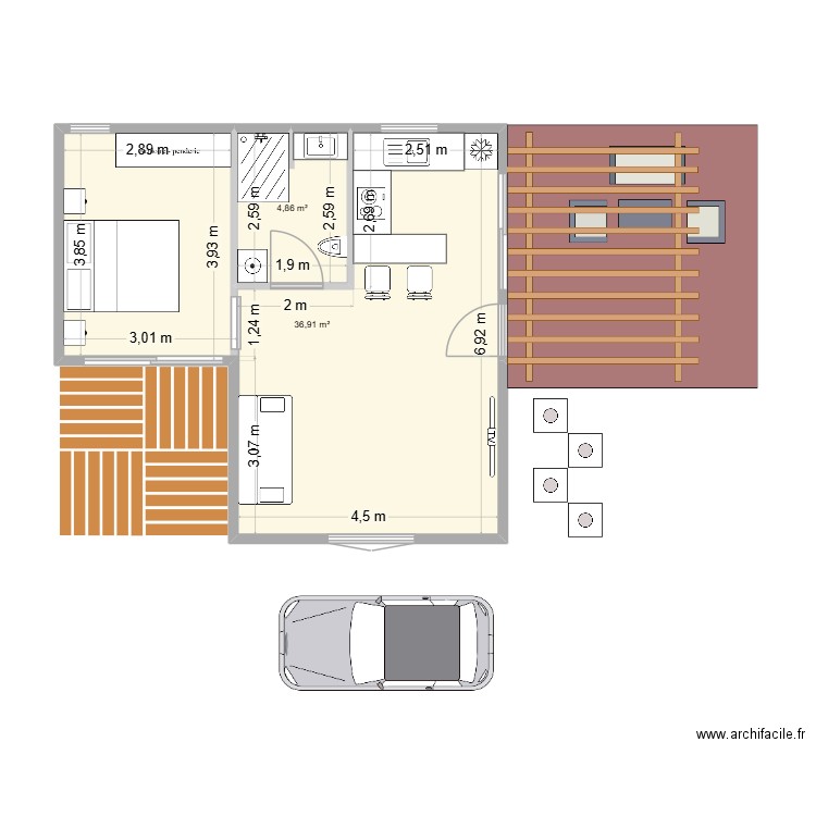 T2 la chaumiere. Plan de 2 pièces et 42 m2