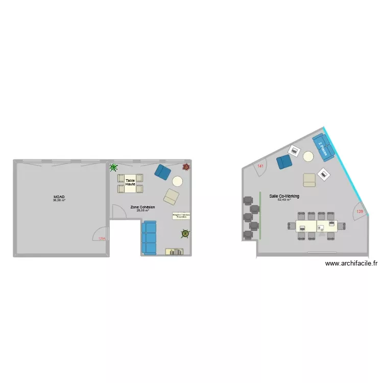PFS Zone Co-Working.ArchiFacile MAJ 23.10. Plan de 3 Pièces et 117 m²