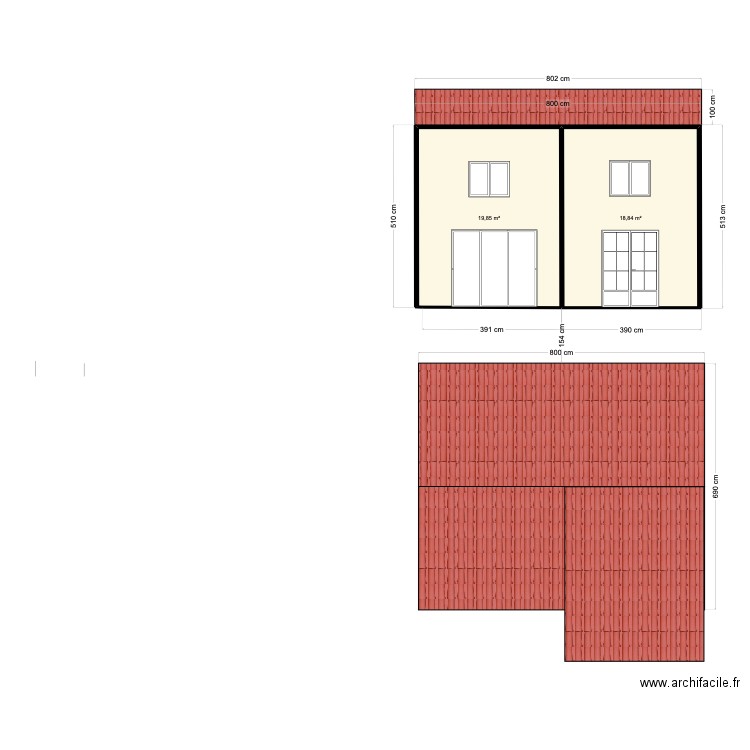 Plan facade Avant1. Plan de 2 pièces et 39 m2